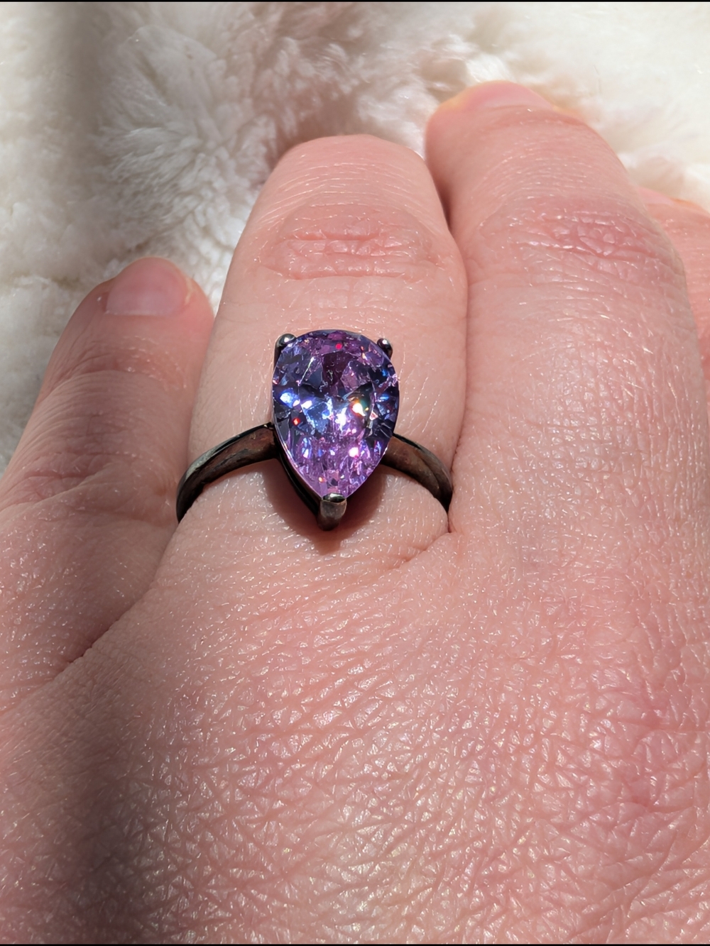 Sterling Silver Pear Cut Pink Purple CZ Solitaire Ring Size 6